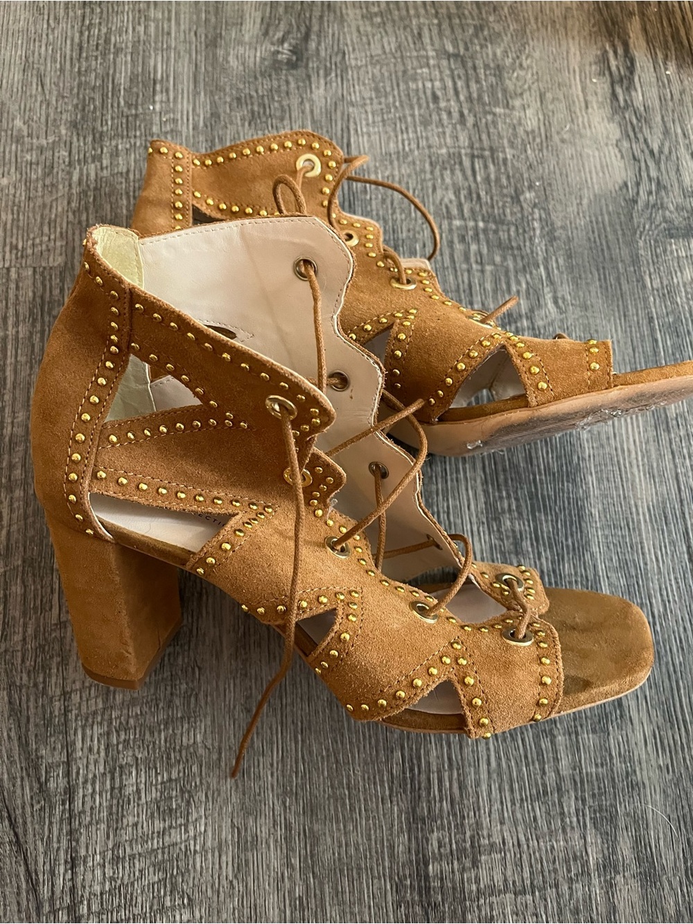 Zara Tan Suede Lace-Up Studded Block Heel Sandals